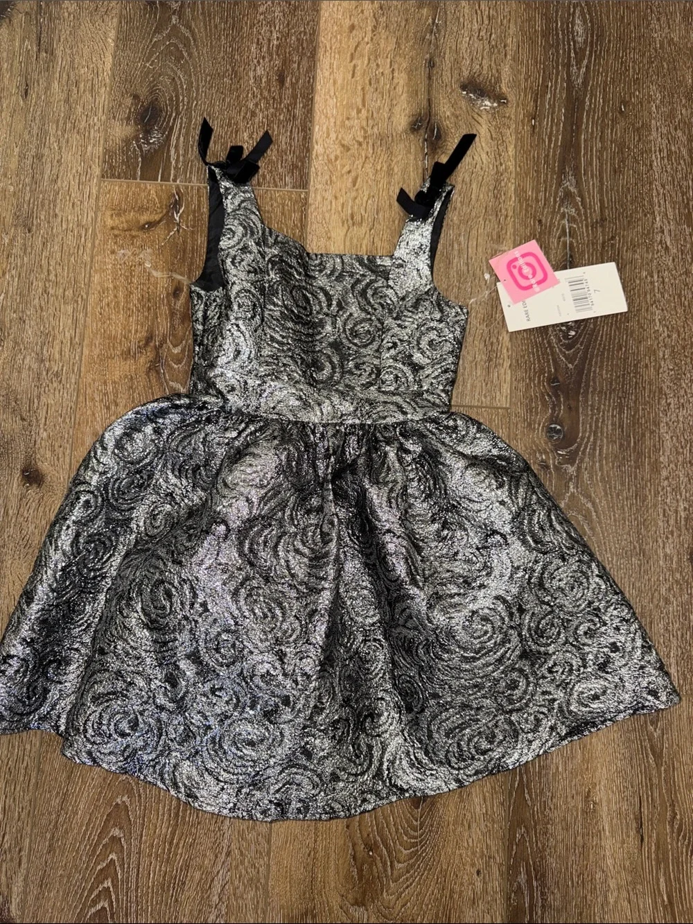 NWT - Rare Edition Metallic Silver Black Rose-Textured Party Dress